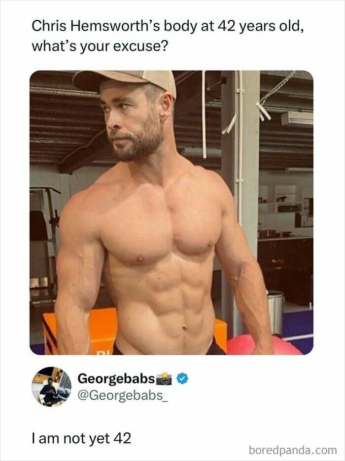 Shirtless Chris Hemsworth showing muscular body at 42 years old in a gym, entertaining posts and memes to fight boredom.