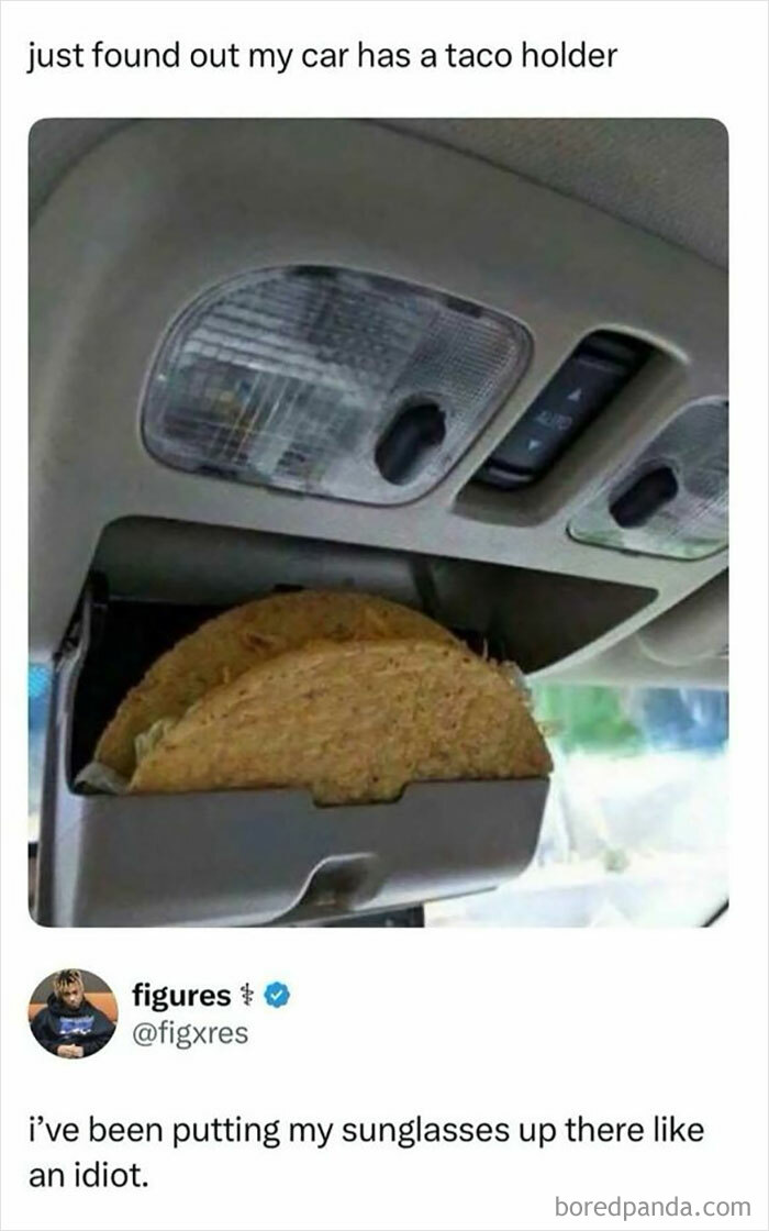 Car taco holder meme showing two tacos in a car’s sunglass compartment, humorously fighting boredom with posts and memes.