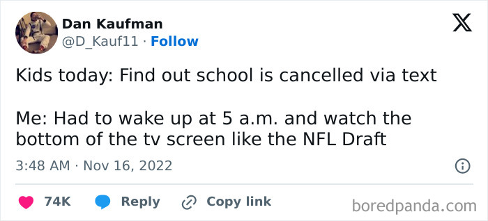 Tweet about differences between kids today and the ’90s with a funny school cancellation meme from ’90s posts and memes.