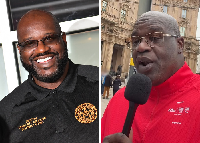 Shaquille O'Neal speaking at the 2026 Winter Olympics, wearing glasses and distinct black and red outfits.
