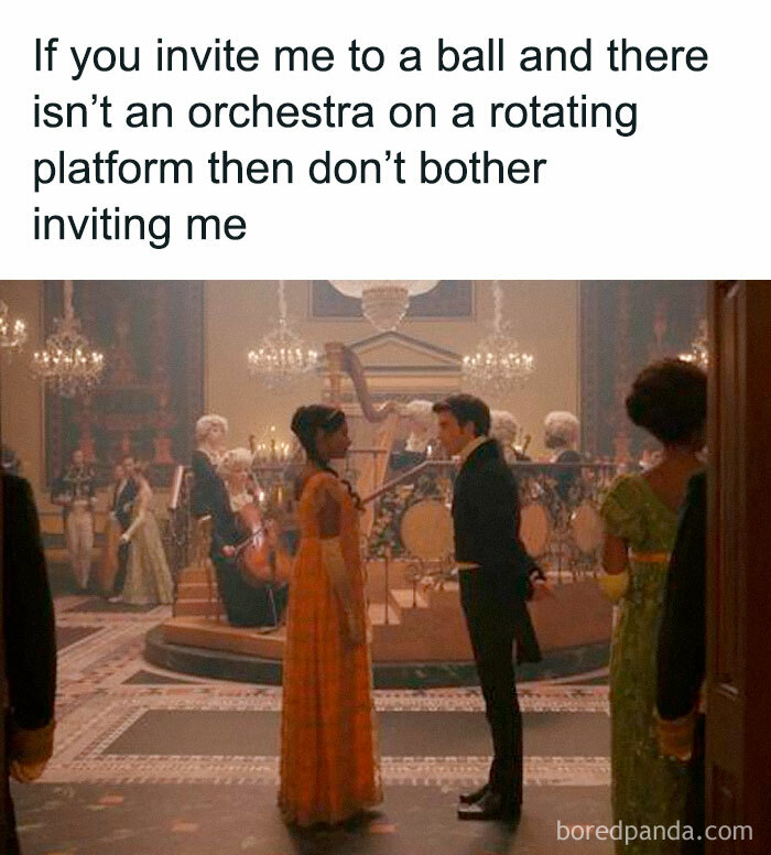 Bridgerton meme with characters at a ball and text about inviting to a ball without an orchestra on a rotating platform.