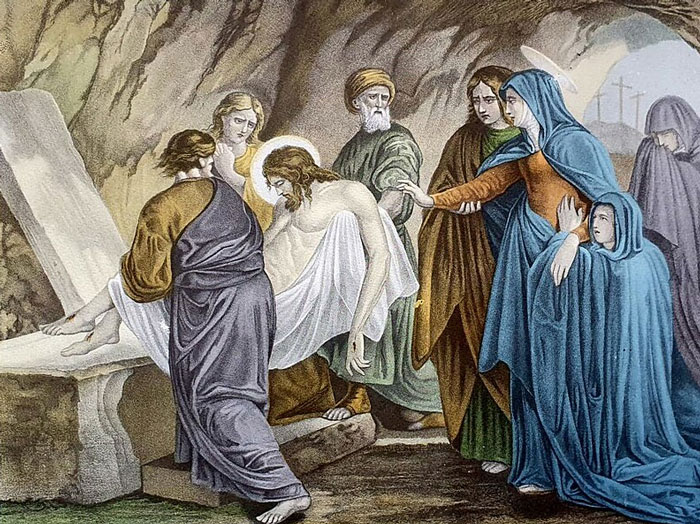 People in historical robes carrying a figure near a stone tomb, illustrating mysteries that were finally c*****d.