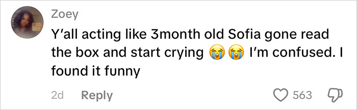 Comment from Zoey reacting to Frida Mom marketing, expressing confusion and finding the situation funny online discussion.