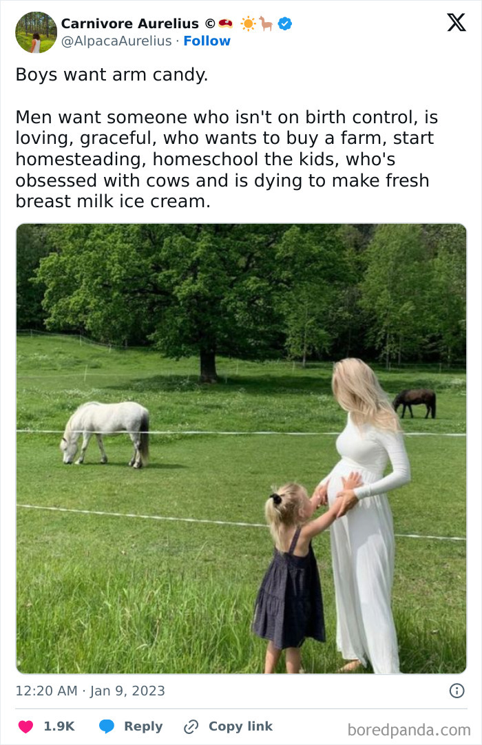 Mother in white dress holding hands with daughter in black dress near pasture with horses, highlighting cringe moments.