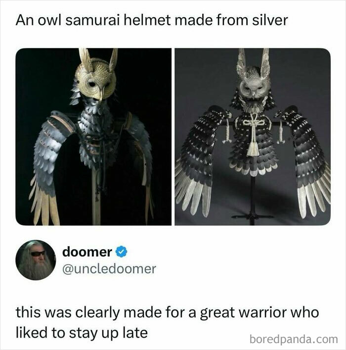 Silver owl samurai helmet with detailed wings shown in entertaining posts and memes to fight boredom.