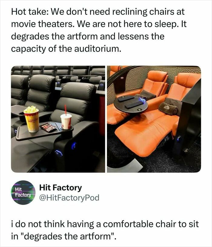 Tweet debate on reclining chairs at movie theaters with images of contrasting theater seats, featured in entertaining posts and memes.