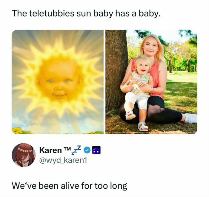Meme comparing the Teletubbies sun baby to a mother and child, one of many entertaining posts and memes to fight boredom.