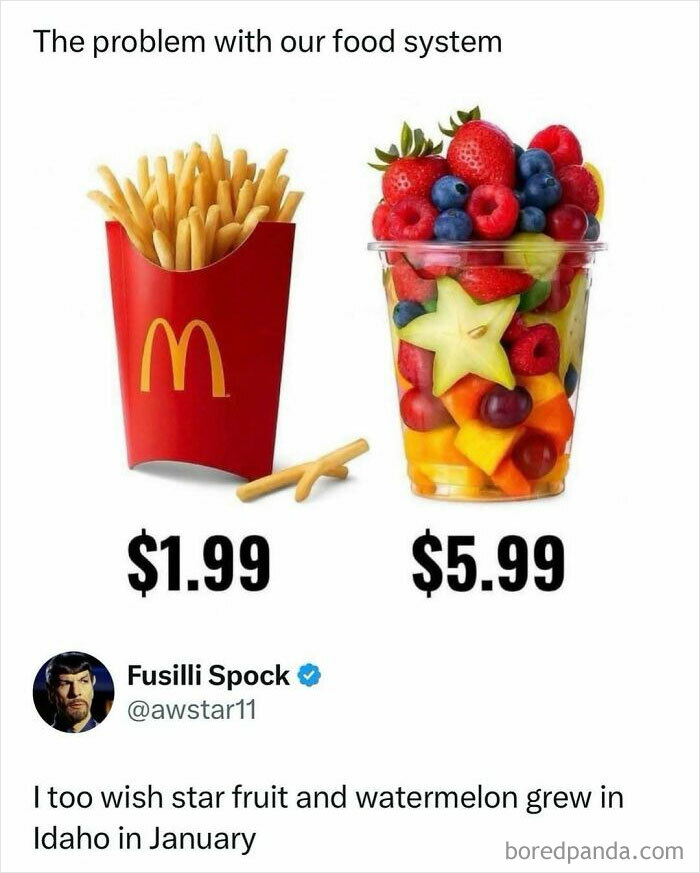 Comparison of fast food fries and a fruit cup with prices highlighting food system issues in entertaining posts and memes.