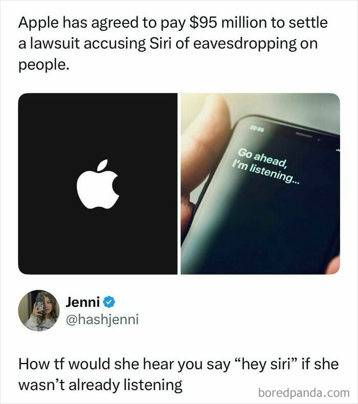Meme about Apple paying $95 million for Siri eavesdropping, shared as entertaining posts and memes to fight boredom.