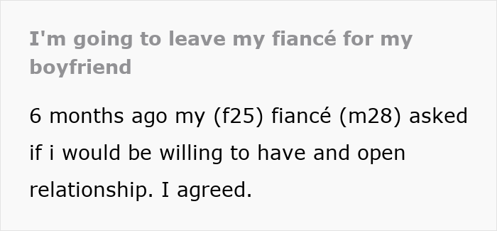 Text excerpt about a woman considering leaving her fianc&eacute; for her boyfriend in an open relationship situation.