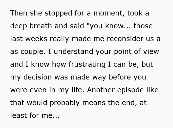 Text excerpt showing a woman expressing her frustration about a decision tied to refusal to wear dresses for a wedding.