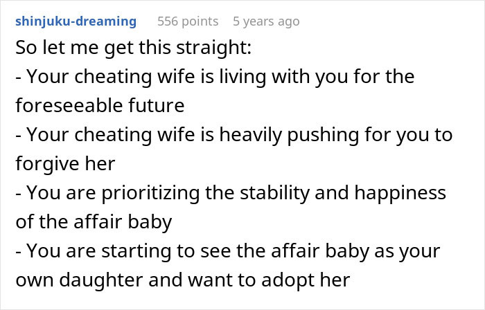 Reddit comment discussing a cheating wife, her affair baby, and the husband's decision to forgive and adopt the child.