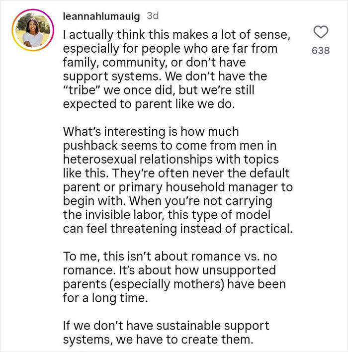 Social media comment discussing the pros and cons of platonic co-parenting and support systems for parents.