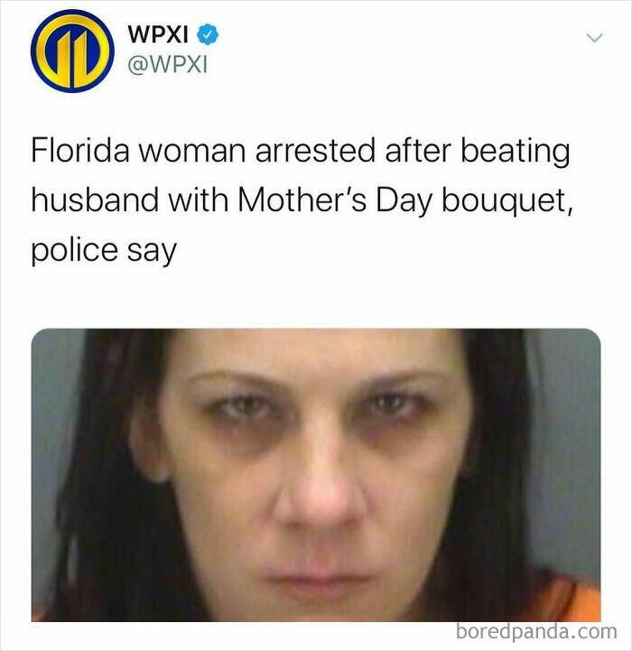 Tweet showing a news headline about a Florida woman arrested for beating her husband with a Mother's Day bouquet.