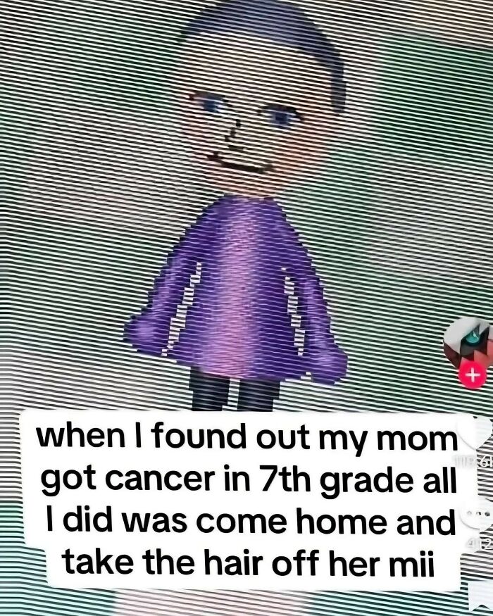 3D animated character with caption about coping with a mom's cancer diagnosis, reflecting cynical humor memes.