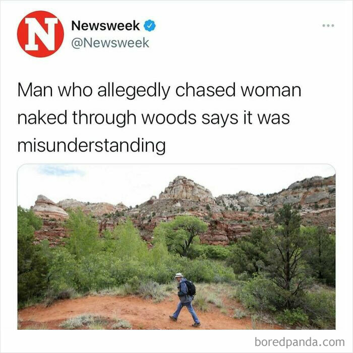 Tweet from Newsweek about a man allegedly chasing a woman naked in the woods, illustrating unhinged news headlines in America.