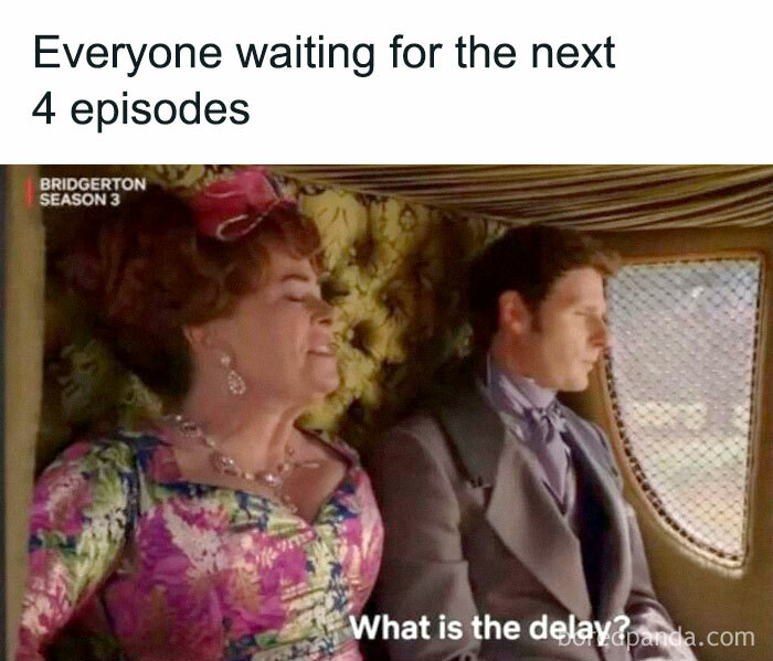 Fans of Bridgerton season 3 meme showing characters waiting impatiently for new episodes to release.
