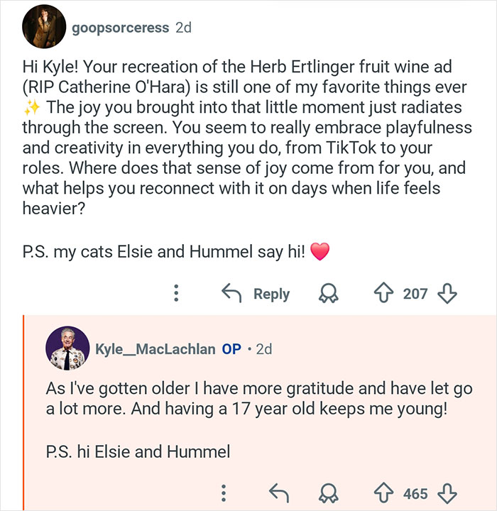 Screenshot of online conversation with Kyle MacLachlan from Twin Peaks answering questions about creativity and gratitude.