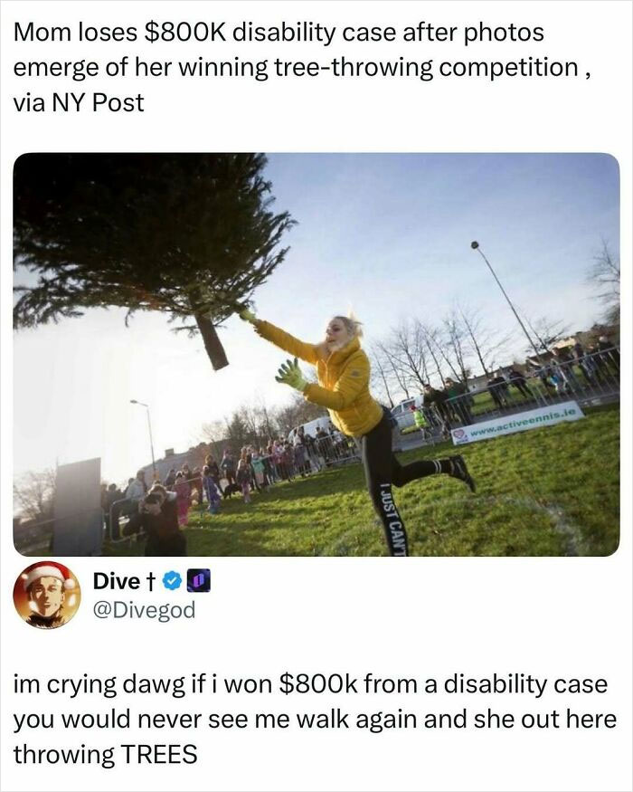 Woman in a yellow jacket throwing a tree at a competition, featured in entertaining posts and memes to fight boredom.