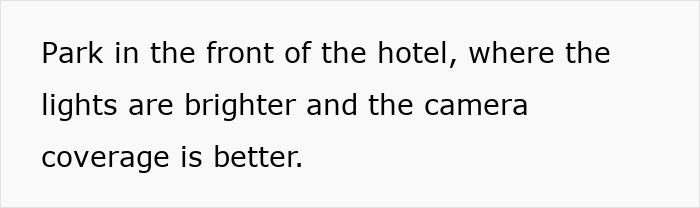 Text emphasizing parking in front of a hotel where lights are brighter and camera coverage is better for women's safety.