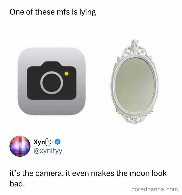 Funny meme comparing a camera icon and a mirror with a humorous comment, perfect for entertaining posts to fight boredom.