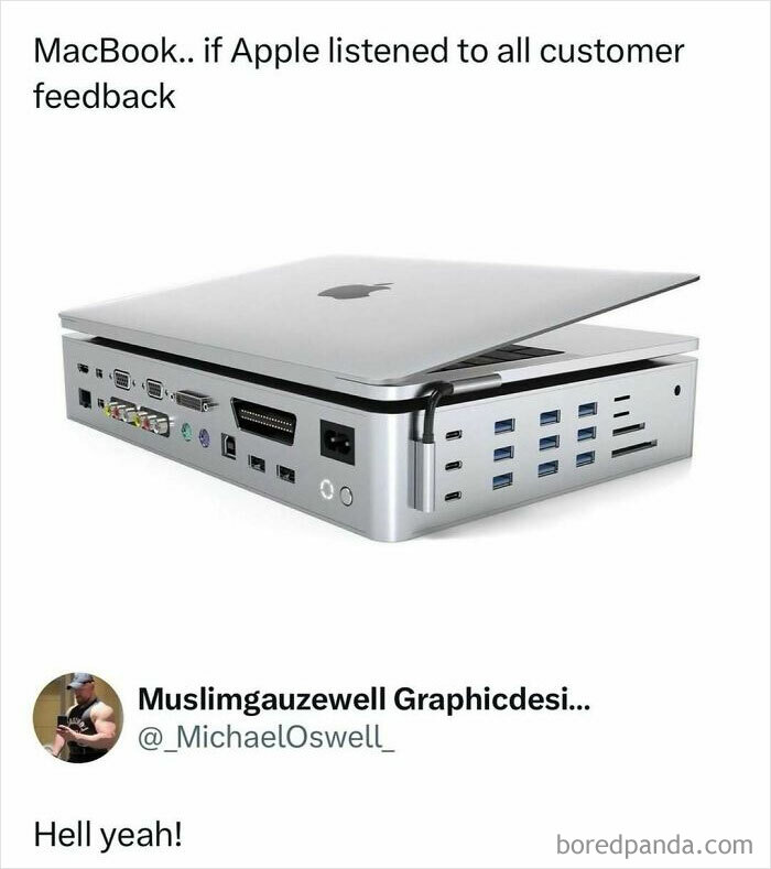 MacBook with exaggerated ports and connectors, humorous meme from entertaining posts and memes to fight boredom.