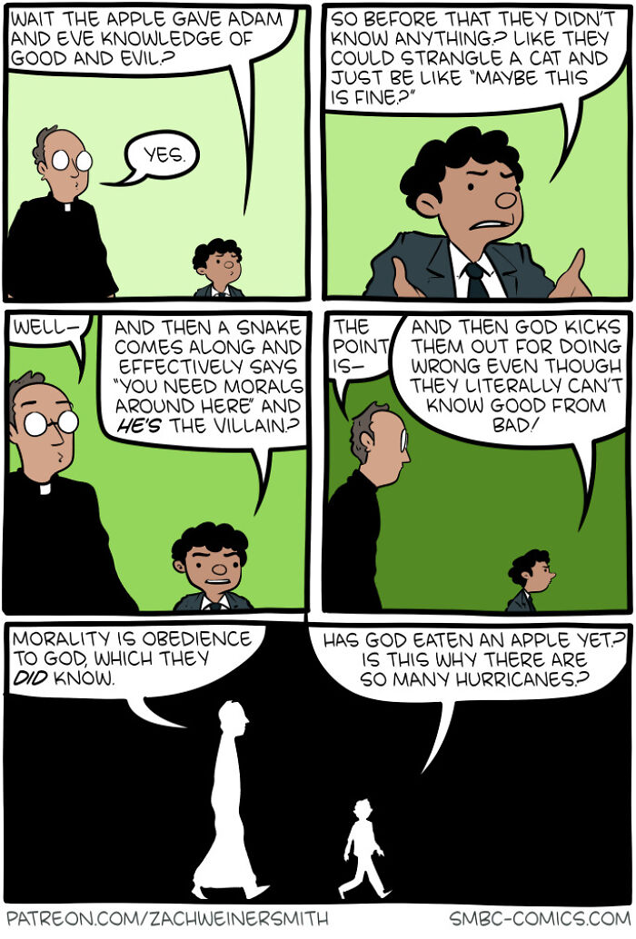 Satirical Saturday Morning Breakfast Cereal comic explores knowledge, morality, and biblical themes with humor and thought-provoking dialogue.