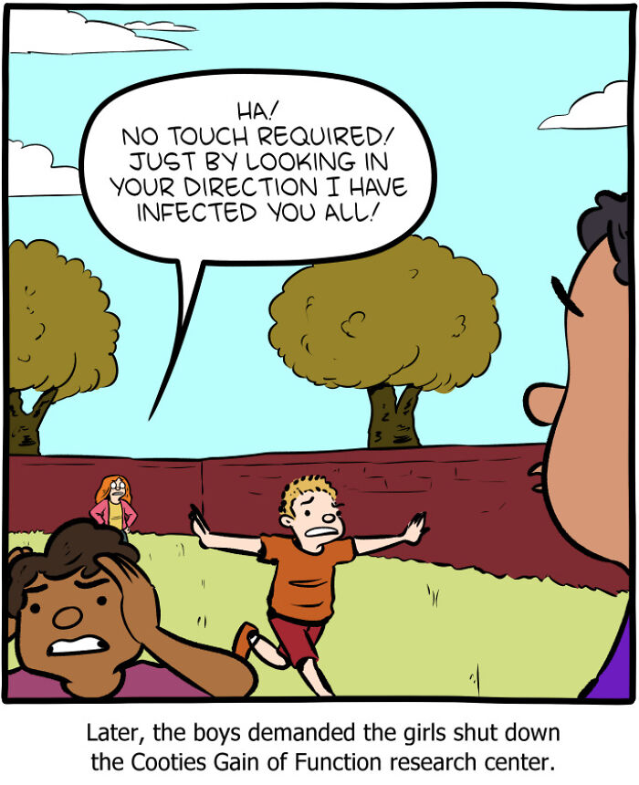 Comic panel from Saturday Morning Breakfast Cereal showing kids discussing cooties infection in a humorous scene.