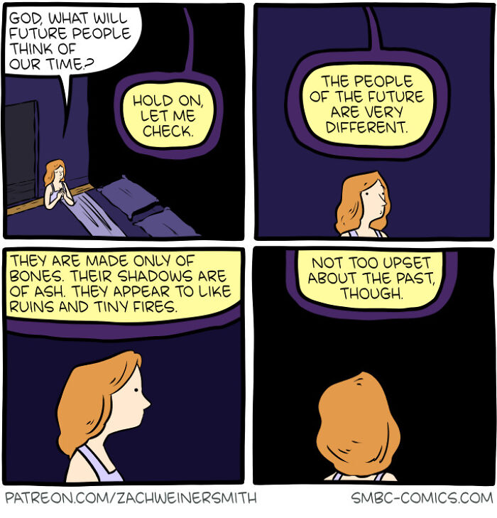 Comic from Saturday Morning Breakfast Cereal shows person asking about future people who are different and made of bones and ash.