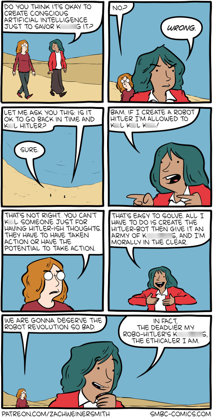 Two characters debate ethics of conscious AI and robots in a hilarious and thought-provoking Saturday Morning Breakfast Cereal comic.