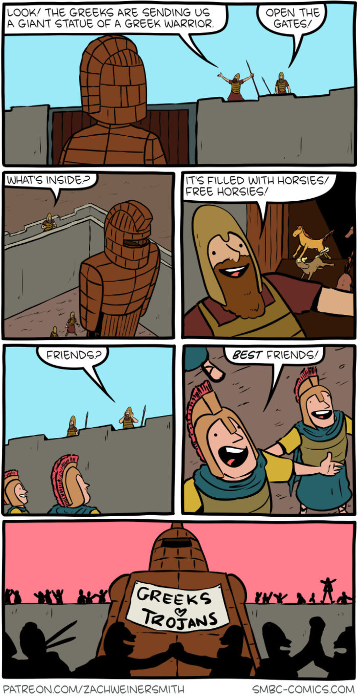 Humorous Saturday Morning Breakfast Cereal comic showing a twist on the Trojan horse with friendly horses inside.