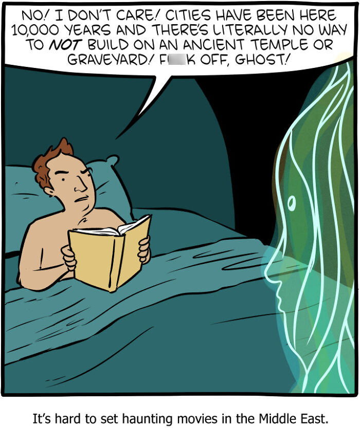 Man reading in bed angrily telling a ghost there’s no way to not build ancient temple in a comic from Saturday Morning Breakfast Cereal.