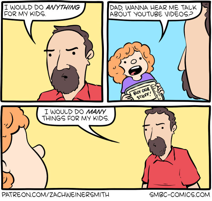 Father and child in a Saturday Morning Breakfast Cereal comic discussing YouTube videos and parenting humor.