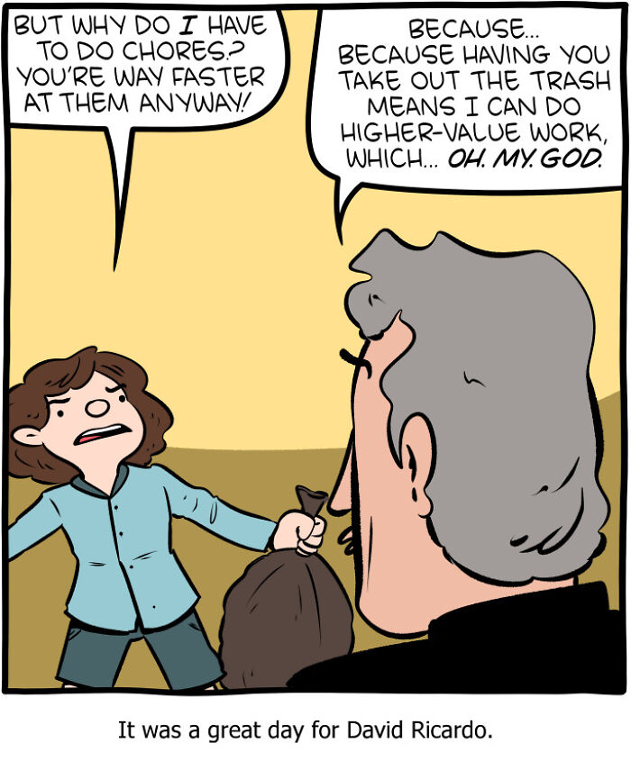 Comic panel from Saturday Morning Breakfast Cereal showing a humorous conversation about chores and higher-value work.