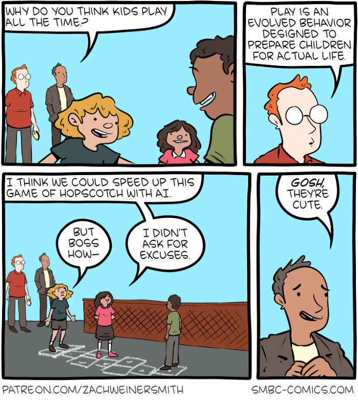 Comic strip from Saturday Morning Breakfast Cereal showing kids playing hopscotch and adults discussing AI speeding the game up.