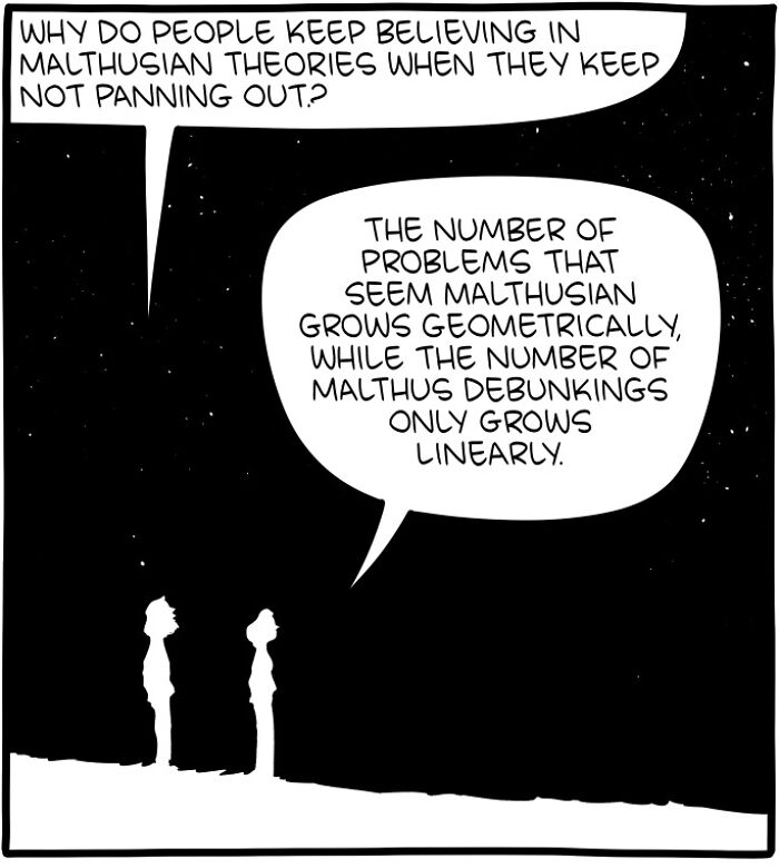Two silhouetted figures under a starry sky discuss Malthusian theories in a Saturday Morning Breakfast Cereal comic.