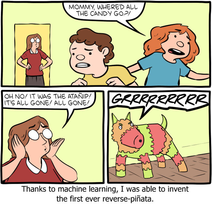 Comic strip showing children asking about missing candy and a reverse piñata growling, from Saturday Morning Breakfast Cereal comics.