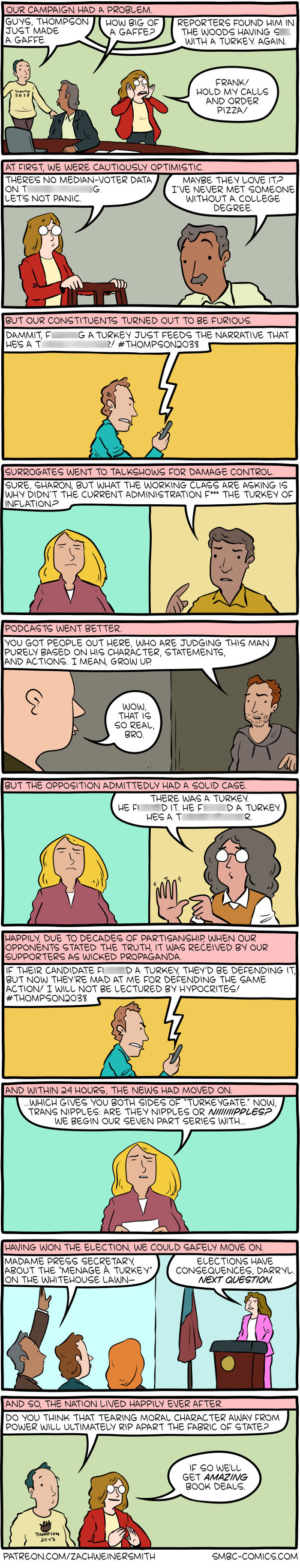 Comic strip from Saturday Morning Breakfast Cereal showing a humorous political campaign crisis and media reactions.