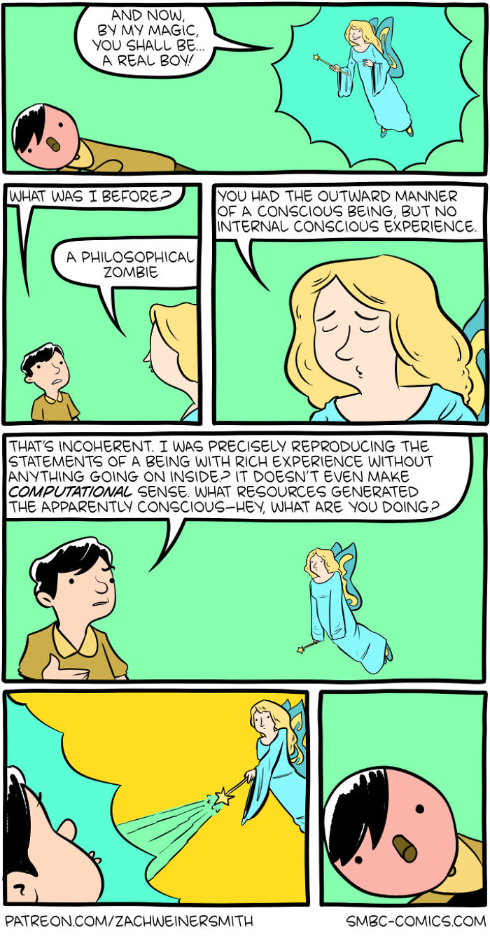 A Saturday Morning Breakfast Cereal comic showing a philosophical zombie turned into a real boy by a fairy.