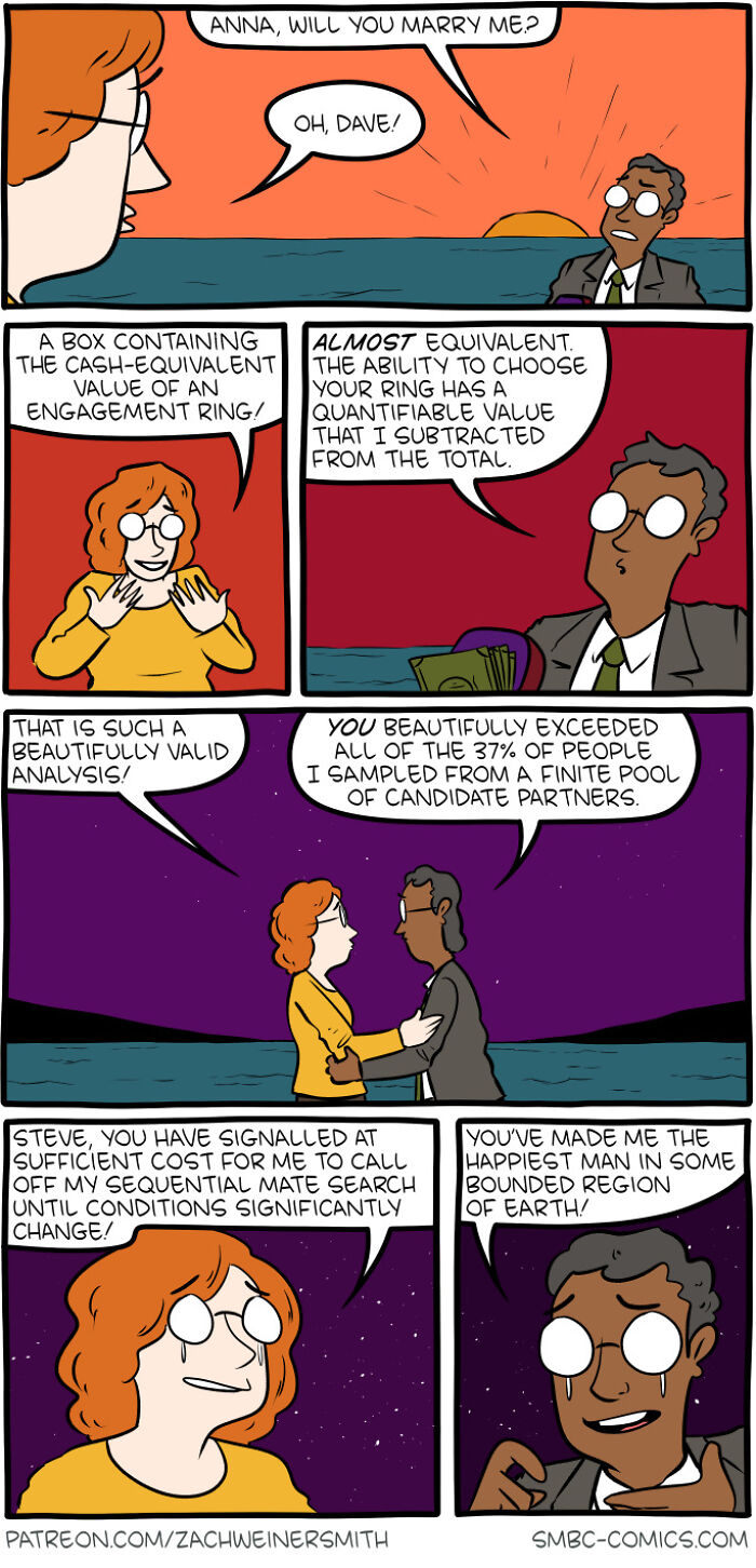 Comic strip showing a humorous and thought-provoking wedding proposal from Saturday Morning Breakfast Cereal.