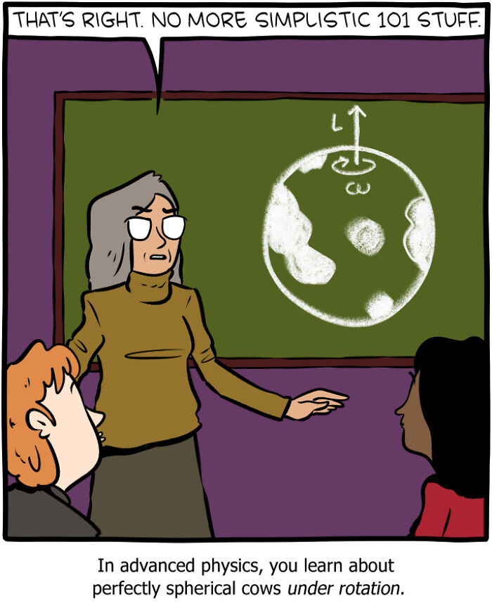 Comic panel from Saturday Morning Breakfast Cereal showing a teacher explaining advanced physics about spherical cows under rotation.