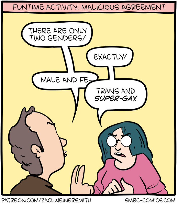 Two characters in a Saturday Morning Breakfast Cereal comic discussing a humorous take on gender categories.