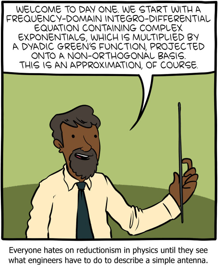 Cartoon of a man explaining complex physics with humor in a Saturday Morning Breakfast Cereal comic to brighten your day.