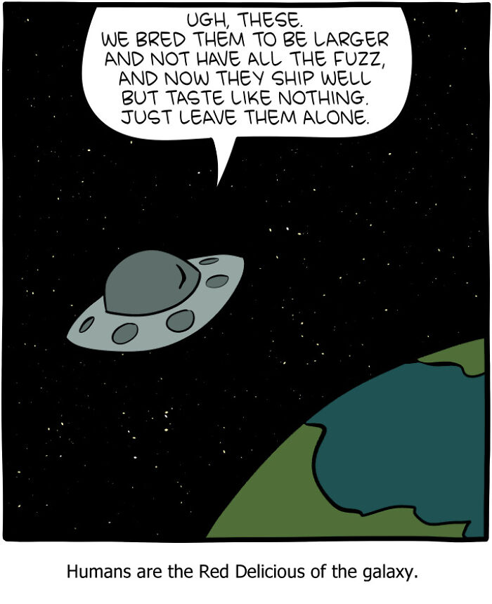 Comic from Saturday Morning Breakfast Cereal showing a spaceship in space with a humorous alien commentary on humans.