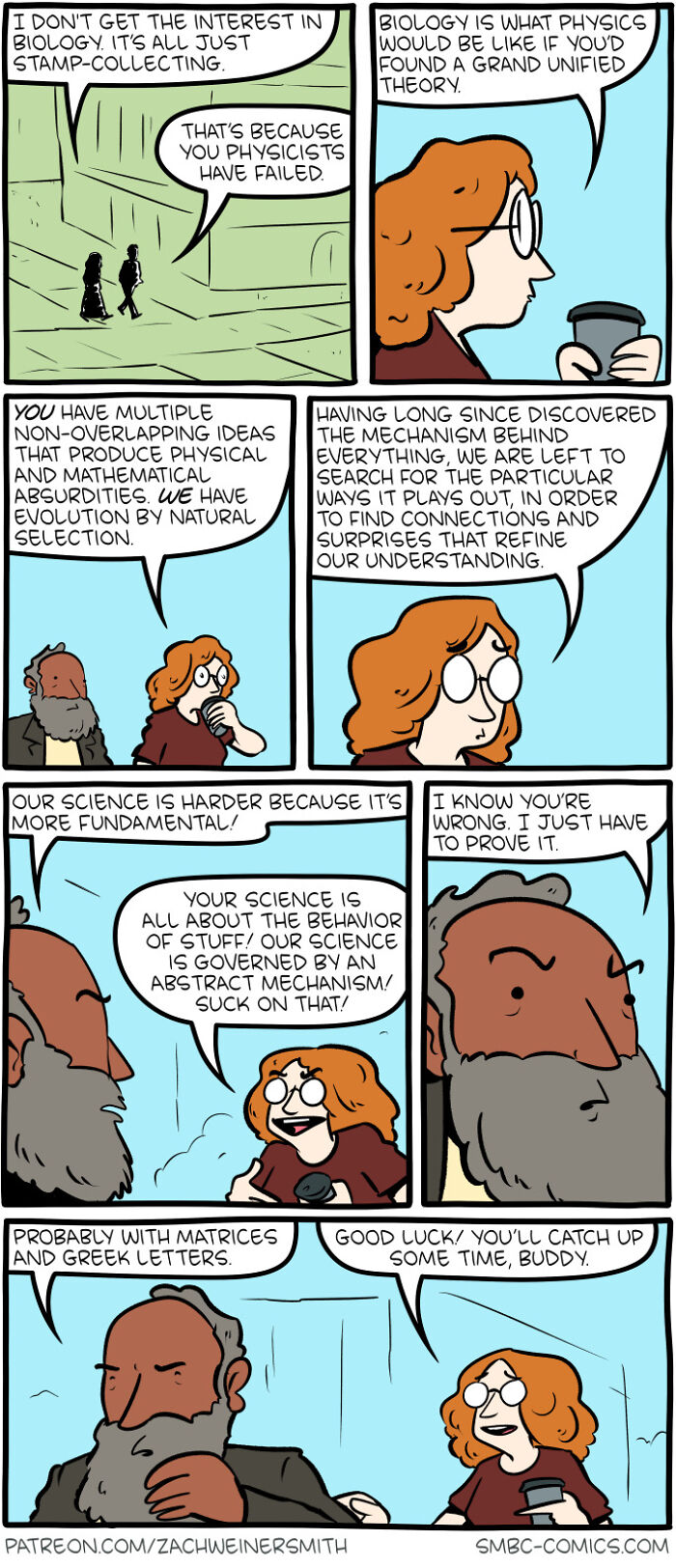 Two characters debate biology and physics in a humorous Saturday Morning Breakfast Cereal comic strip.