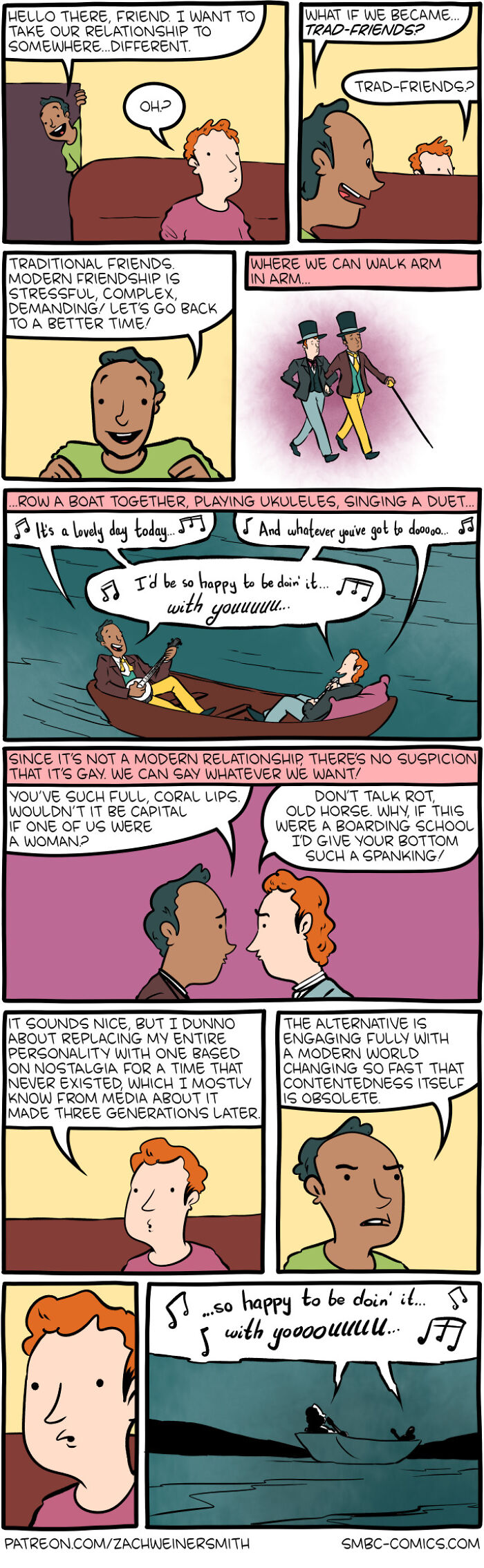 Two friends humorously debate traditional versus modern friendship in a Saturday Morning Breakfast Cereal comic strip.