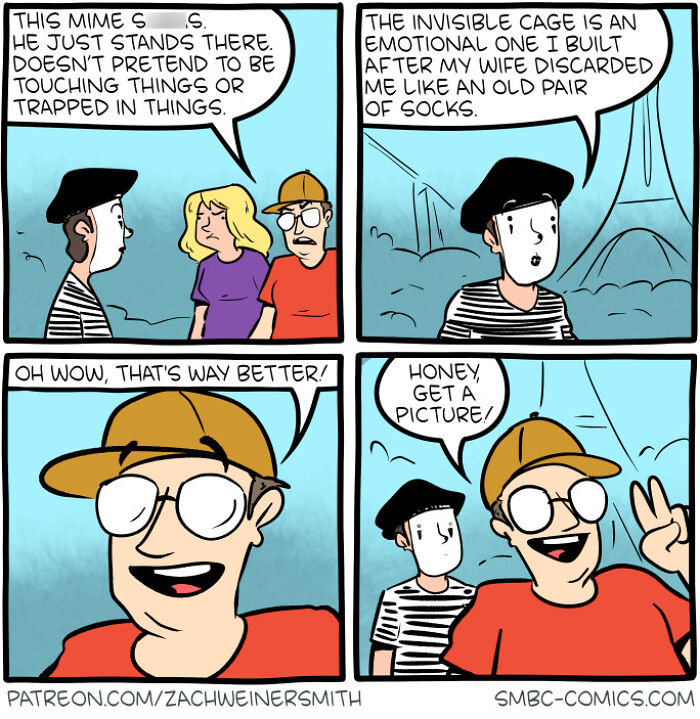 Comic panels showing a mime explaining an invisible emotional cage, with a man reacting humorously in a Saturday Morning Breakfast Cereal comic.
