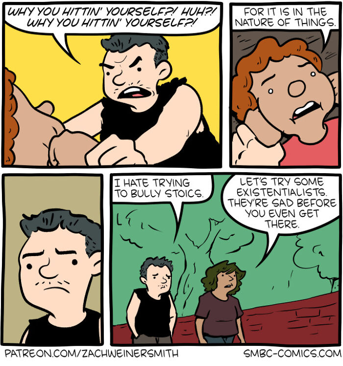 Comic strip from Saturday Morning Breakfast Cereal showing humorous dialogue about bullying and existentialism.