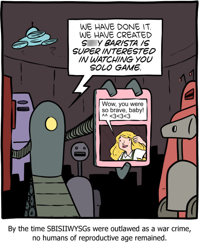 Robot and animated barista watching a solo game in a humorous Saturday Morning Breakfast Cereal comic panel.