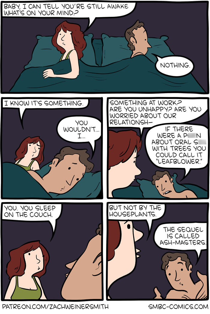 Couple in bed shares a hilarious Saturday Morning Breakfast Cereal comic about wordplay and relationship humor at night.